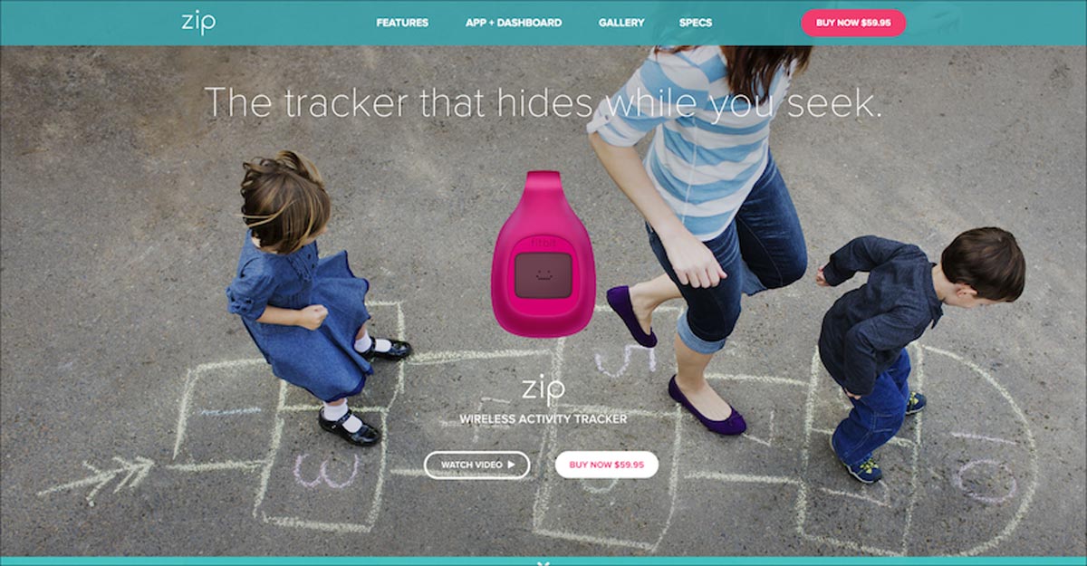 An activity tracker website, featuring two children and an adult woman playing hopscotch.