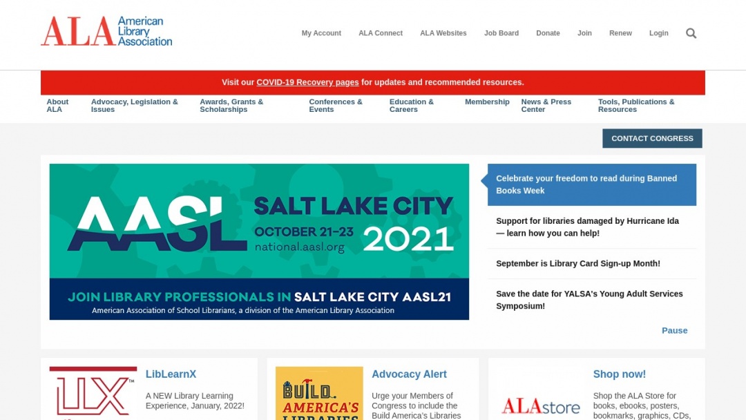 Screenshot of American Library Association's Website