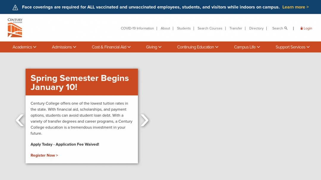 Screenshot of Century College's Website