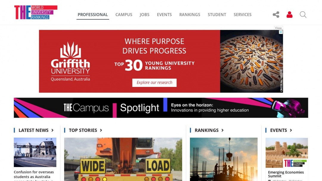 Screenshot of Times Higher Education's Website