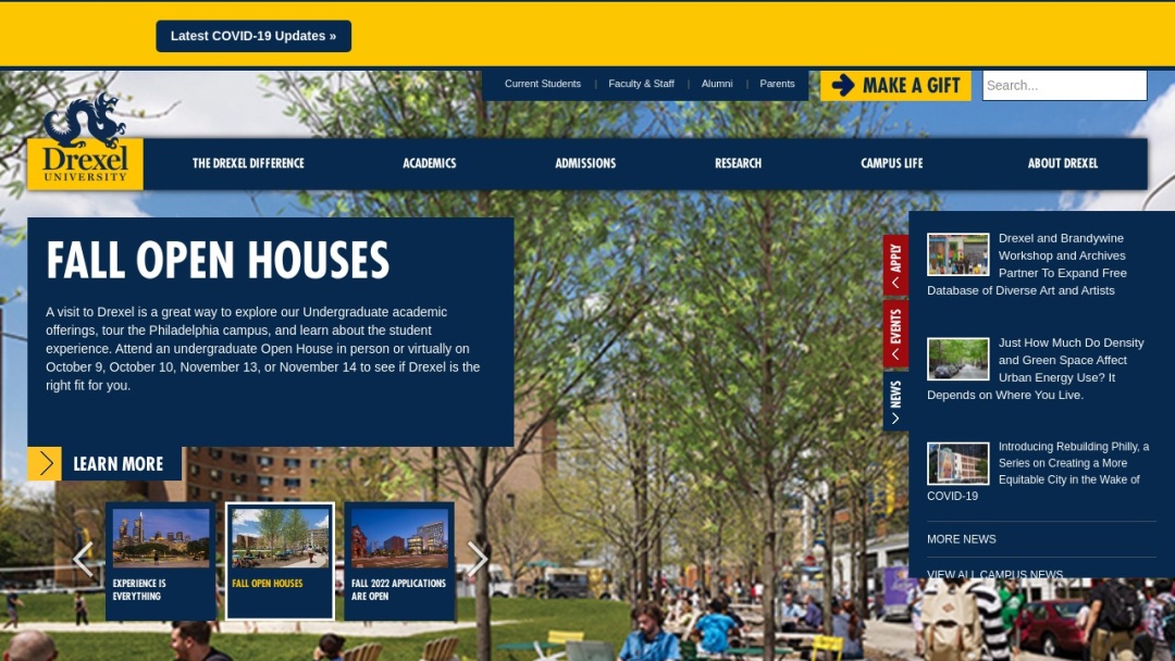 Screenshot of Drexel University's Website
