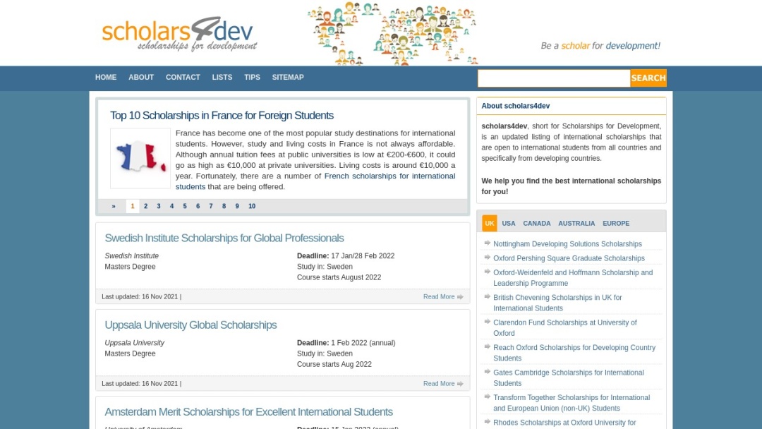 Screenshot of Scholarships for Development's Website